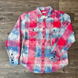 Upcycled Bleached Red and Blue Button Down Shirt Size M